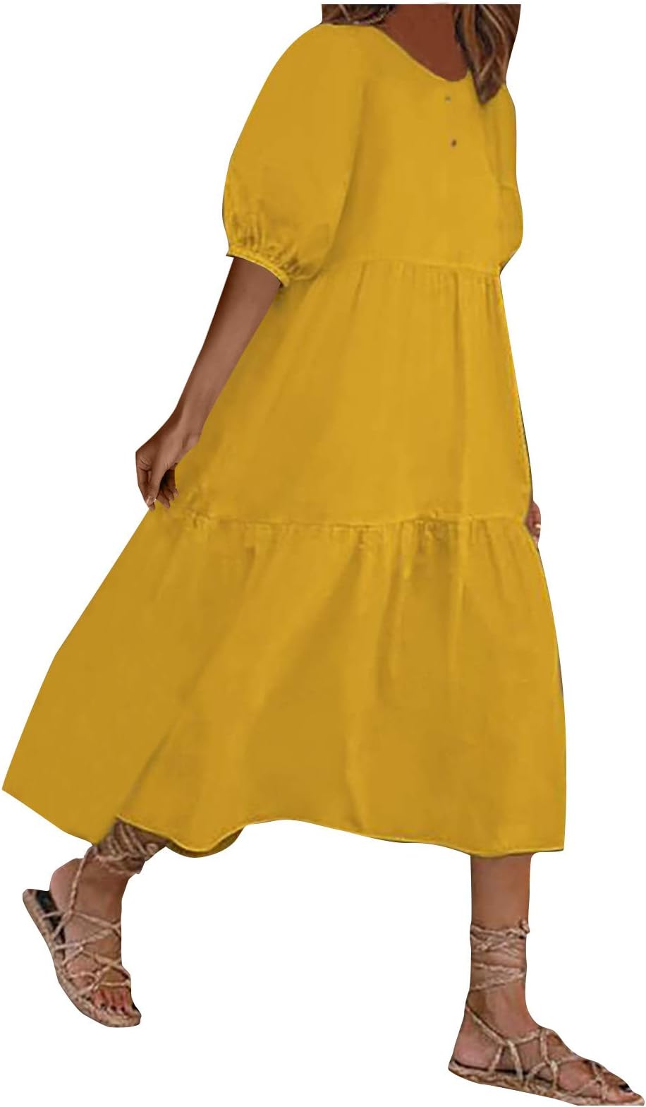 Skang Summer Dress for Women UK Half Puff Sleeve Crew Neck Dresses Loose Baggy Flowy Dresses Plus Size Dress Solid Color Plain Dresses Vacation Daily Party Dresses