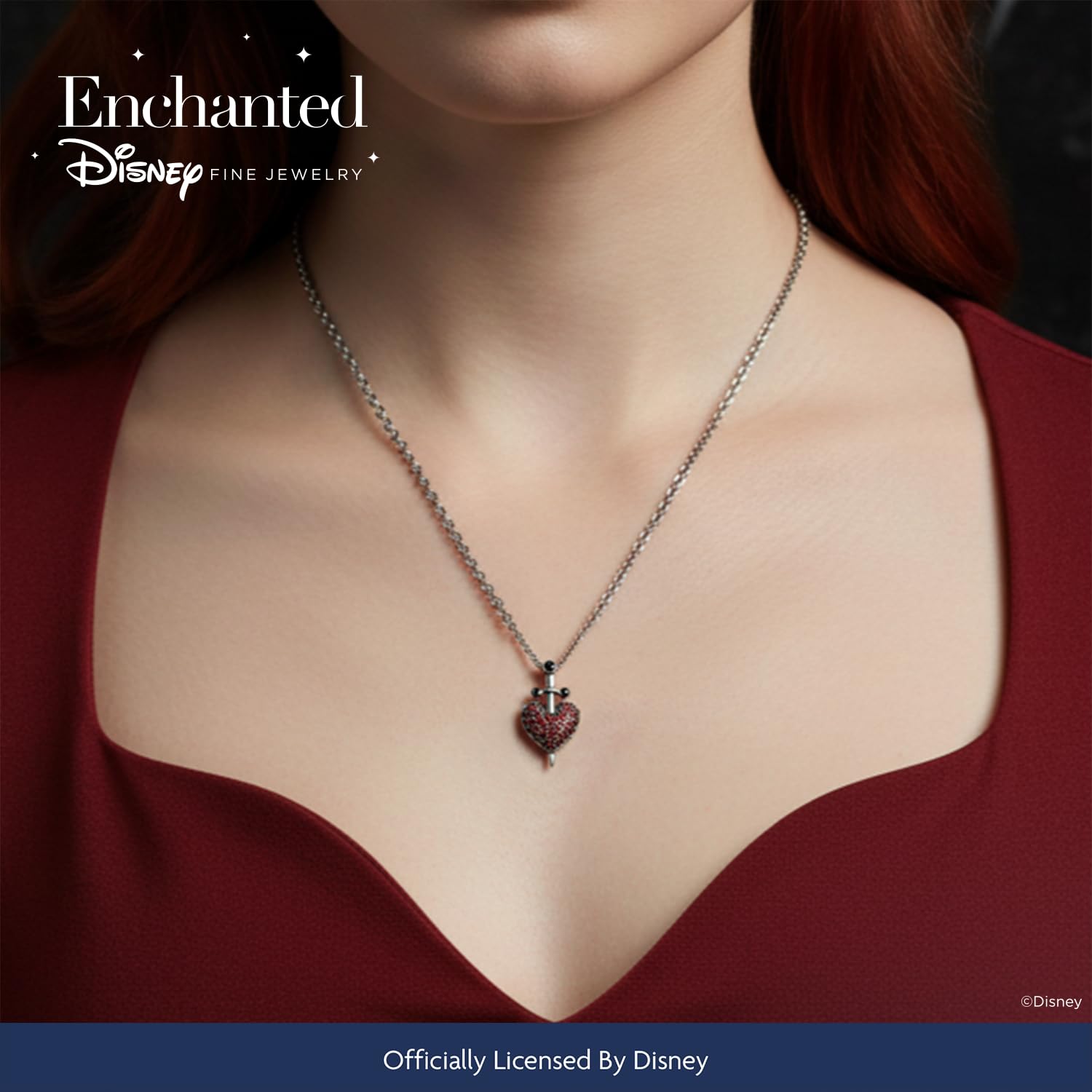 Jewelili Enchanted Disney Fine Jewelry Black Rhodium over Sterling Silver 1.5 MM Round Garnet and Treated Black Round Diamond Accent Evil Queen Pendant Necklace 18" Cable Chain