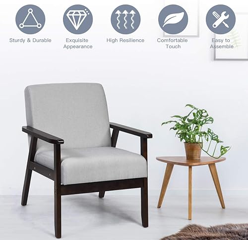 Miniatura 5 de Giantex Silla decorativa moderna Mid-Century, sillón de tela retro, hecho de madera maciza, sillón tapizado de lino para sala de estar (1, gris