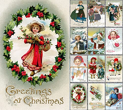 Image of PIXILUV HAPPY CHRISTMAS (Pack of 12) Notecards Small Greeting Cards # Cheerful Happy Children in Christmas Scenes ~ Vintage Christmas Postcards Reprint