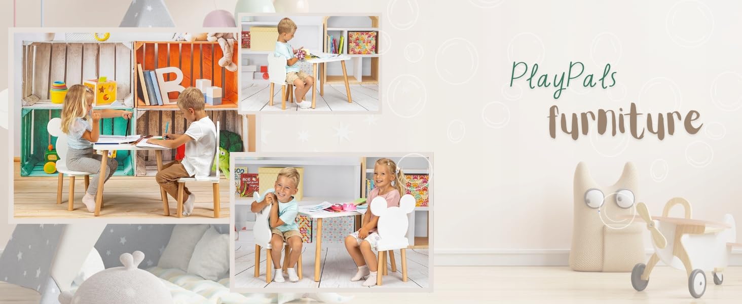 PlayPlas Furniture: Kinderstuhl und -Tisch aus Holz, weiß, quadratisch, 50 × 47 cm, Set zum Lernen und Spielen, Stuhl in Hasenform, Möbel für das Kinderzimmer