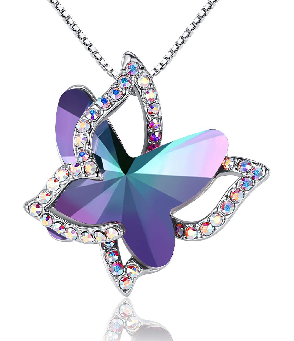 Gift Butterfly Birthstone Crystal Necklace, Silver Tone with 18”+2” Chain, Necklace for Mother’s Day Anniversary Birthday Gifts for Women and Daughter