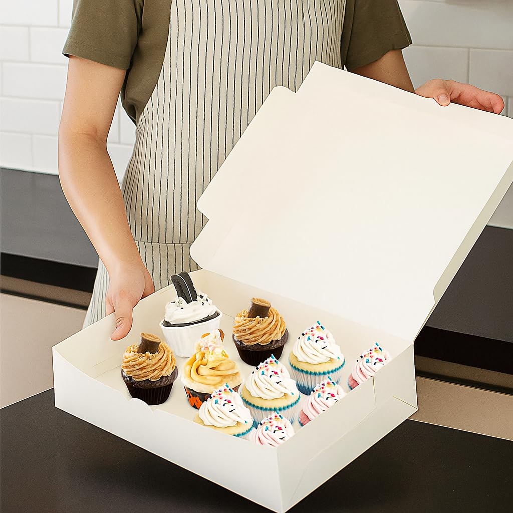 Okllen Confezione da 20 scatole da forno bianche, 35,5 x 25,4 x 8,9 cm, usa e getta, in cartone kraft, per biscotti, cupcake, muffin, ciambelle, macaron, torte