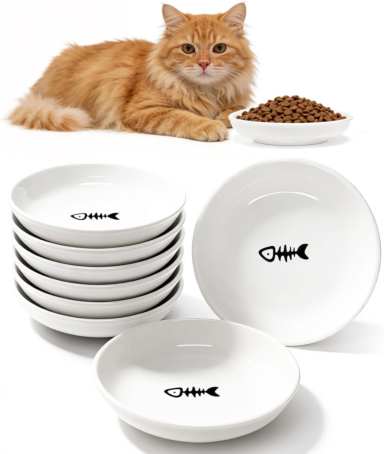 [8 Pack] Ceramic Cat Food Bowl, Colorful Cat Bowls Whisker-Friendly, 5.9" Shallow Wide Kitten Plates, Easy to Clean Indoor Feeding Dishes