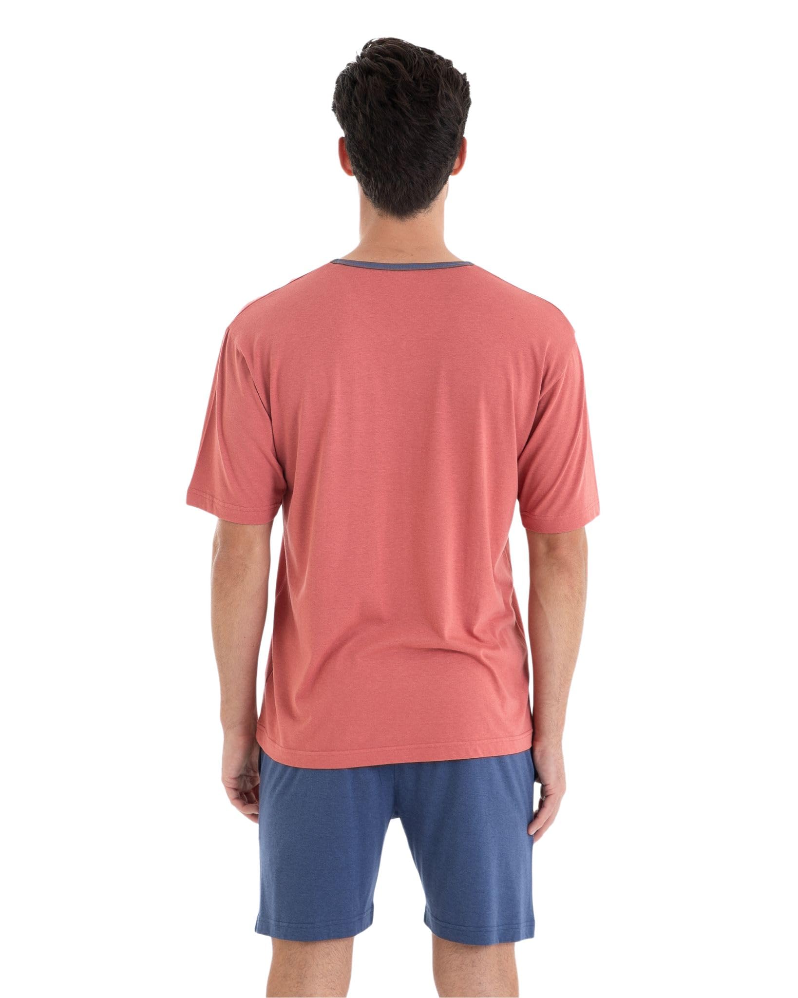 MASSANA Pijama de Verano para Hombre P251311, Camiseta Teja con Estampado Marinero y Short Azul, 50% Algodón 50% Viscosa (FR/ES, Letras, L, Regular, Regular, Teja)