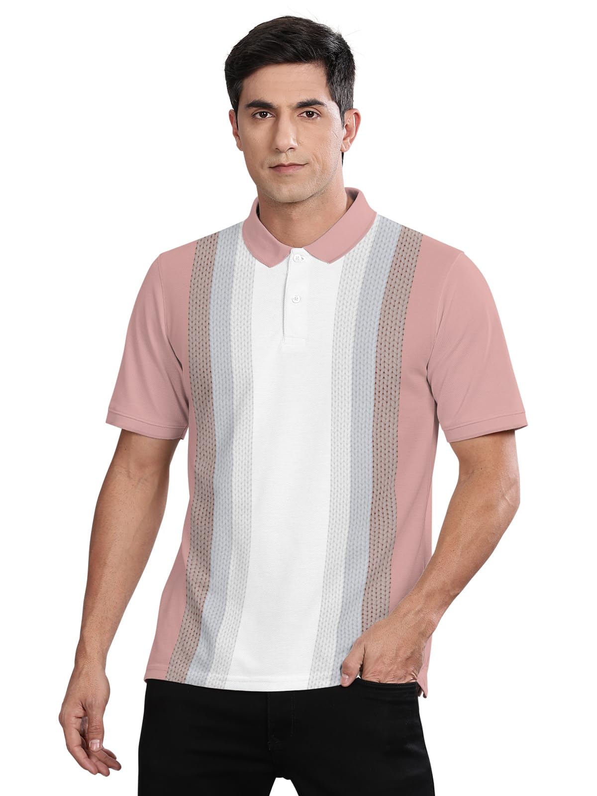 Trendy Colour-Block/Striped Printed Collar/Polo Neck Tshirt for Men-image-4