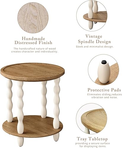 Miniatura 4 de Mesa auxiliar redonda, mesa auxiliar de granja de 2 niveles, mesa decorativa de madera de aspecto desgastado de 18.5 pulgadas, mesa de noche de