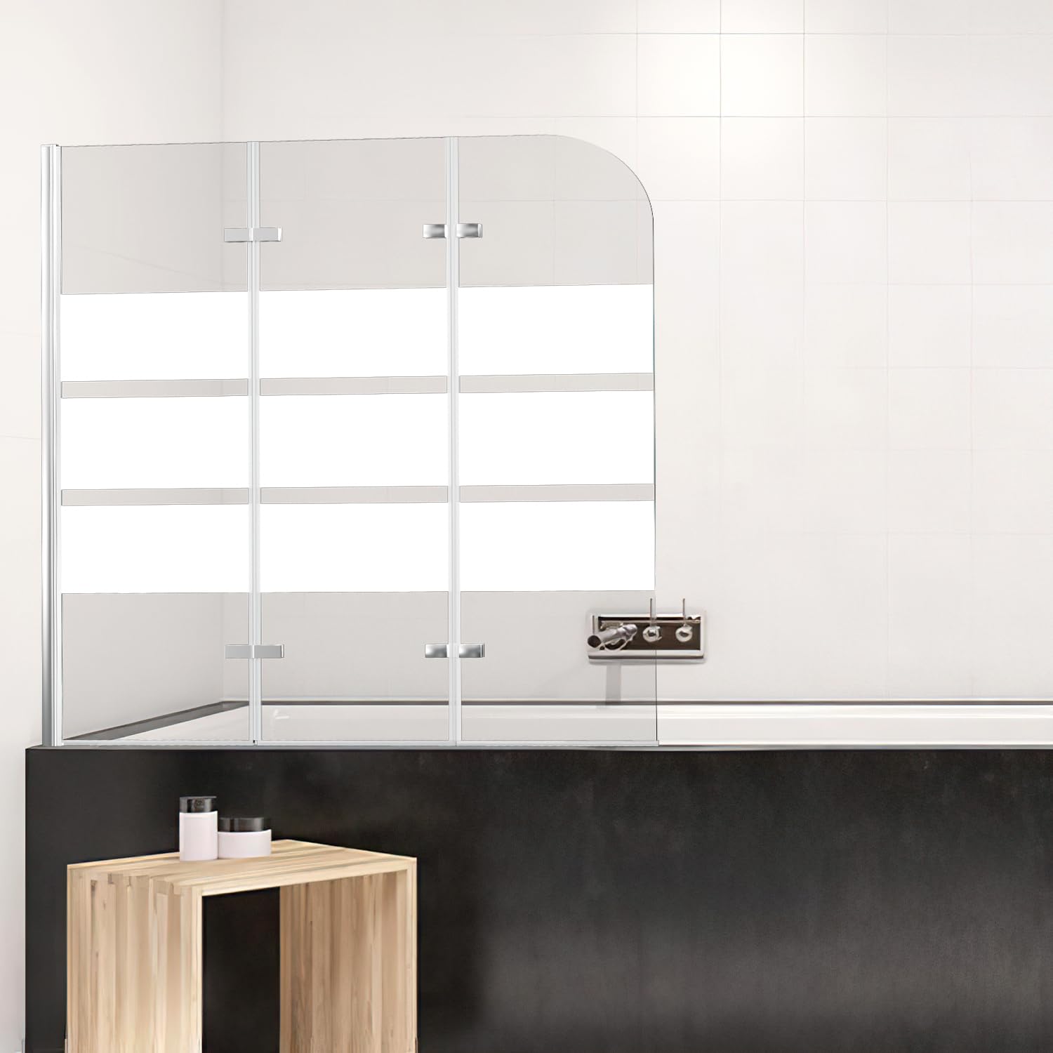Mampara de ducha para bañera, 120 x 140 cm, 3 piezas, plegable, con cristal templado de seguridad de 6 mm, mampara de ducha de rayas blancas, pared plegable de cristal con accesorio de bañera
