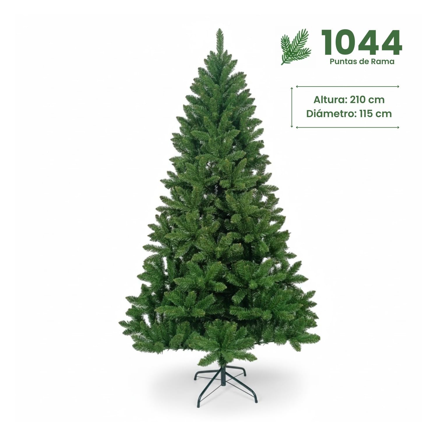 DAYRON - Árbol de Navidad Artificial Verde con Ramas Abatibles y Soporte Metálico Plegable, Disponible en 180 y 210 cm, Montaje Rápido y Fácil de Guardar