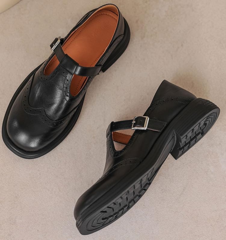 U-lite Mary Jane Oxfords for Women,Wingtip Brogue,T-Strap Soft Leather Retro Loafer Shoes, Low Heels Round Toe Dressy Business Office Shoes with Buckle - Image 3