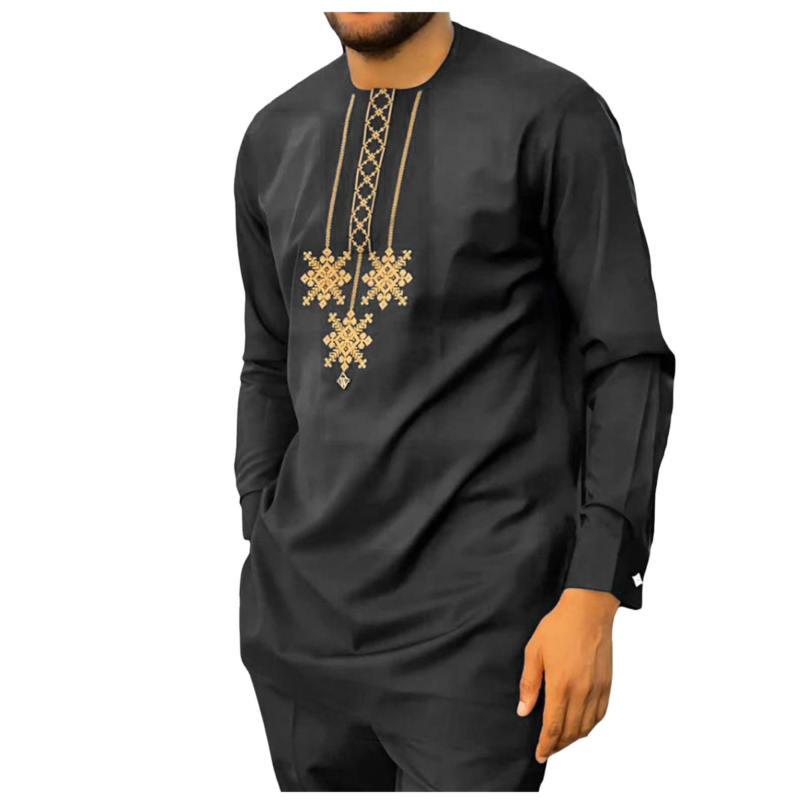 Bauzuoyo African Men's Outfit, 2-Piece Dashiki Suit, Traditional Long Sleeve Shirt and Trousers with Pockets, Gold Embroidery Outfits, Crew Neck Tops, Tribal Ethnic Clothing, 01 black, XXL