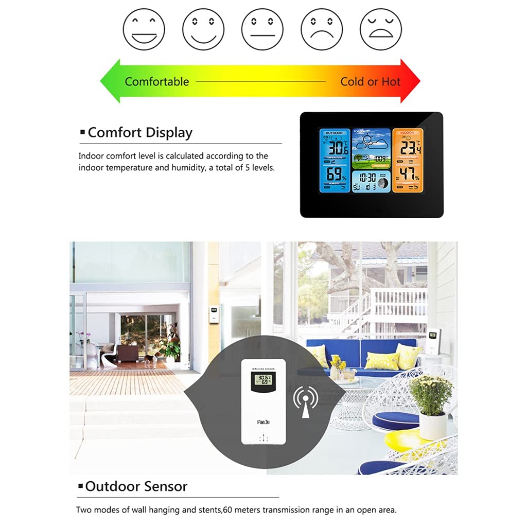 Multifunction Digital Weather Station LCD Alarm Clock Indoor Outdoor Weather Forecast Barometer Thermometer Hygrometer(White-Patch Five-Pointed star4)