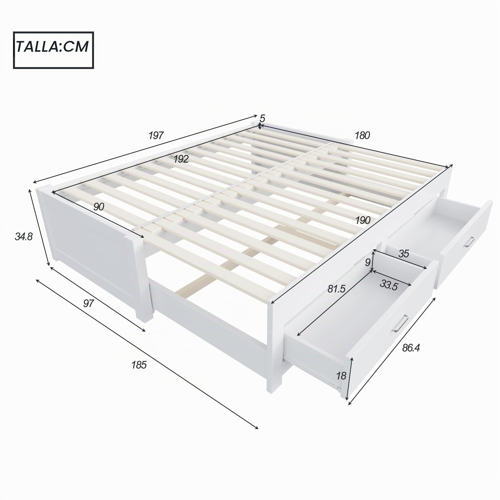 Soweiz Sofá cama extensible de madera, 90/180 x 190 cm, con dos cajones, sin reposabrazos ni respaldo, cama de invitados con somier (blanco)