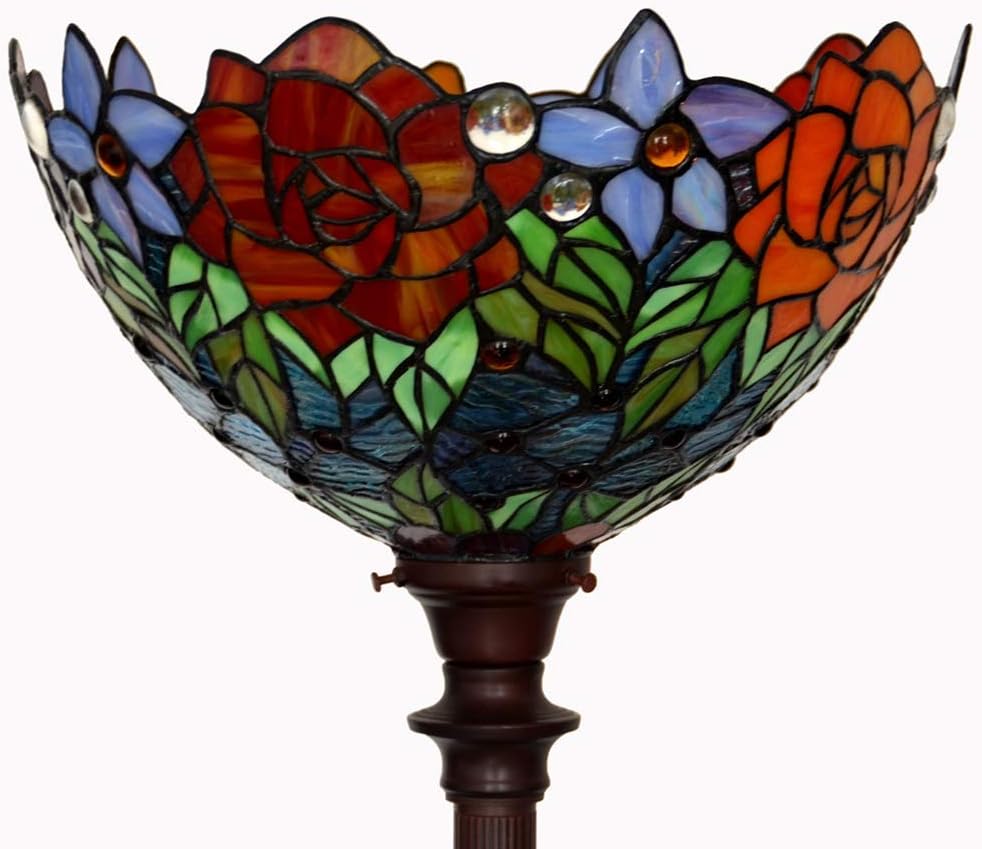HT Tiffany Style Floor Lamp 14 Inch Wide Rose Stained Glass Upward Shade 1-Light Antique Base Traditional Handmade Fixture Lighting for Living Room Bedroom Bedside Nightstand Study The Office
