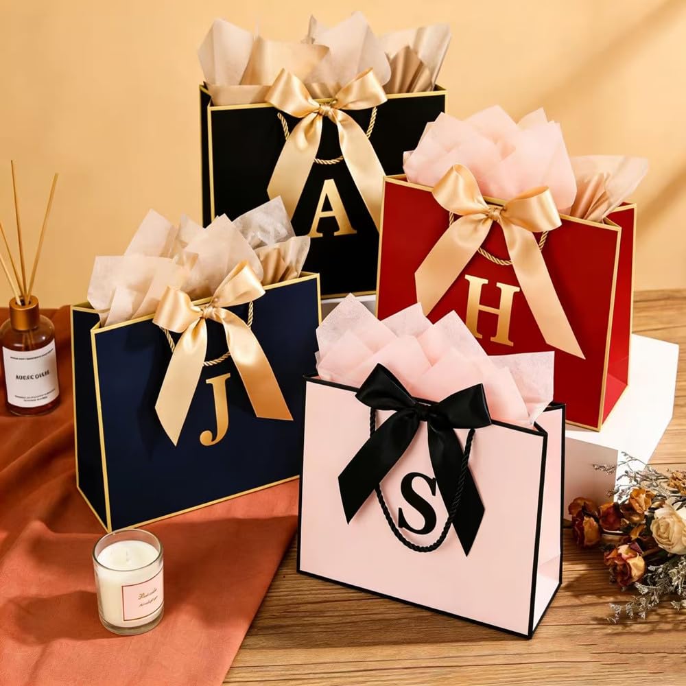Topaliving Personalized Gift Bag with Card and Tissue Paper, 26 Letters Birthday Gift Bag 13''Custom Valentines Weddings Present with Initials/Numbers for Women Men Kids (Blue,J)