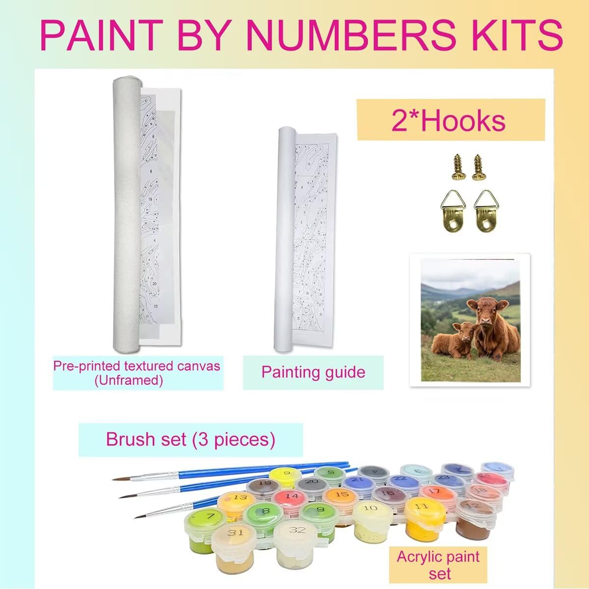 Dipingere con i Numeri Bue, Paint by Numbers Adulti Azienda agricola, Fai da te Creativi Adulti Quadri da Dipingere Numerati Kit per Decorazione Della Parete di Casa, Regalo 70x95cm Senza Cornice 39-6