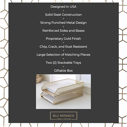 Vista 3 de BLU MONACO Organizador de archivos dorado, juego de 2 bandejas de papel apilables para escritorio, bandeja de entrada de oficina y bandejas