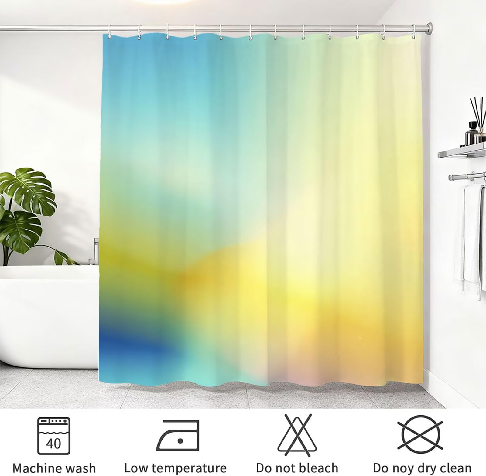 Rideau de Douche 180x220 cm - Tissu Polyester Imperméable Anti-Moisissure - 12 Anneaux Inclus - Ourlet Lesté pour Stabilité - Lavable en Machine - Idéal de Baignoire et Douche - Jaune & Bleu Y1#528