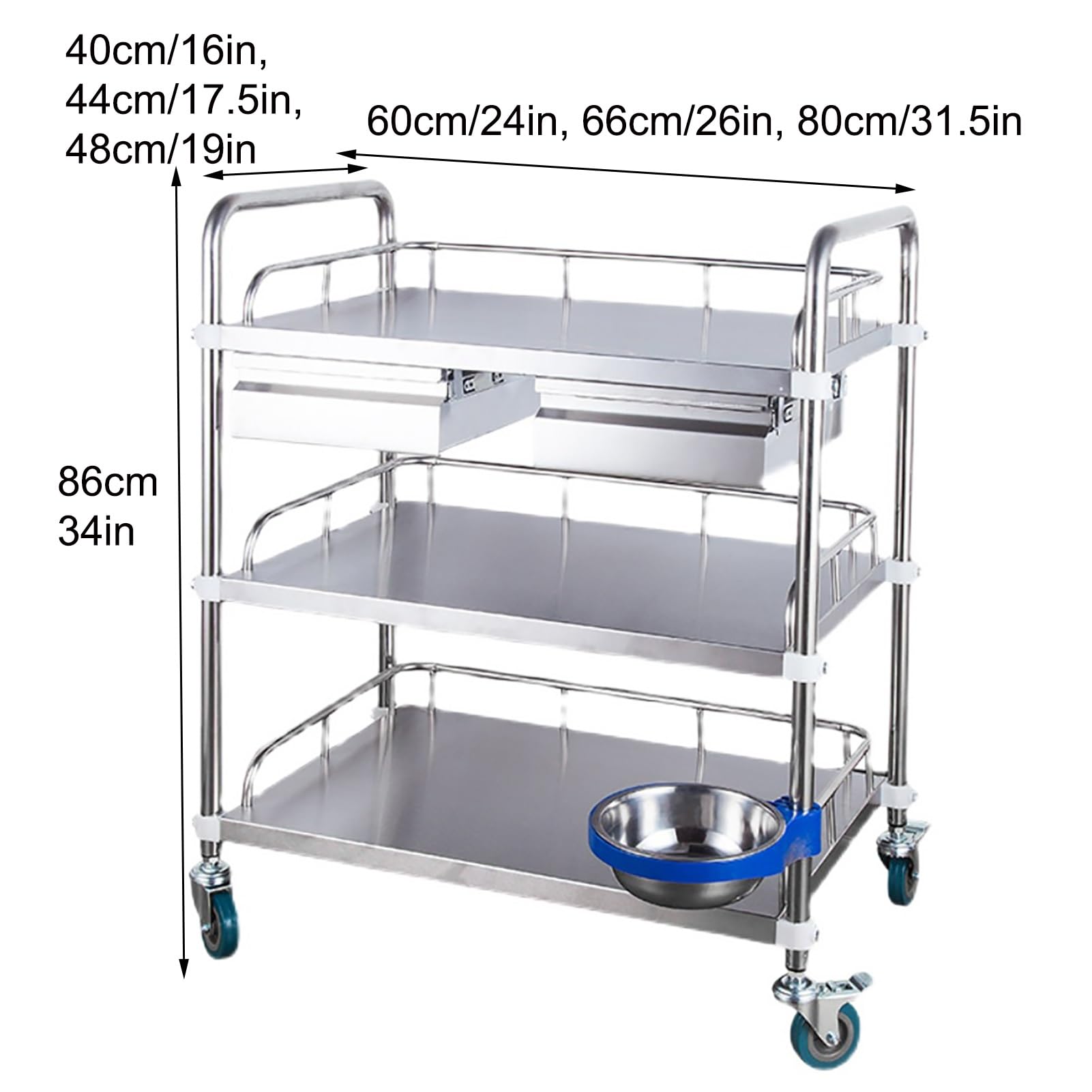 Carro de Laboratorio de 3 estantes con Ruedas de Acero Inoxidable, con Dos cajones, Carro de Laboratorio de Servicio de clínica móvil, para hospitales, clínicas, spas, Salones de Belleza, sa