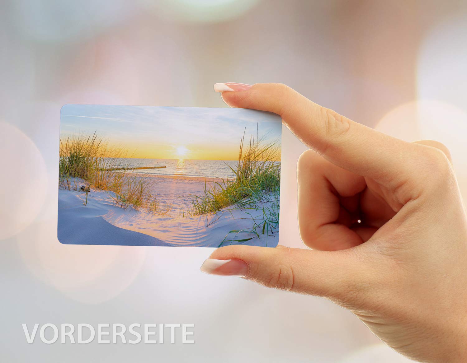 100 Visitenkarten, laminiert, 85 x 55 mm, inkl. Kartenspender - Urlaub Reise Ferien