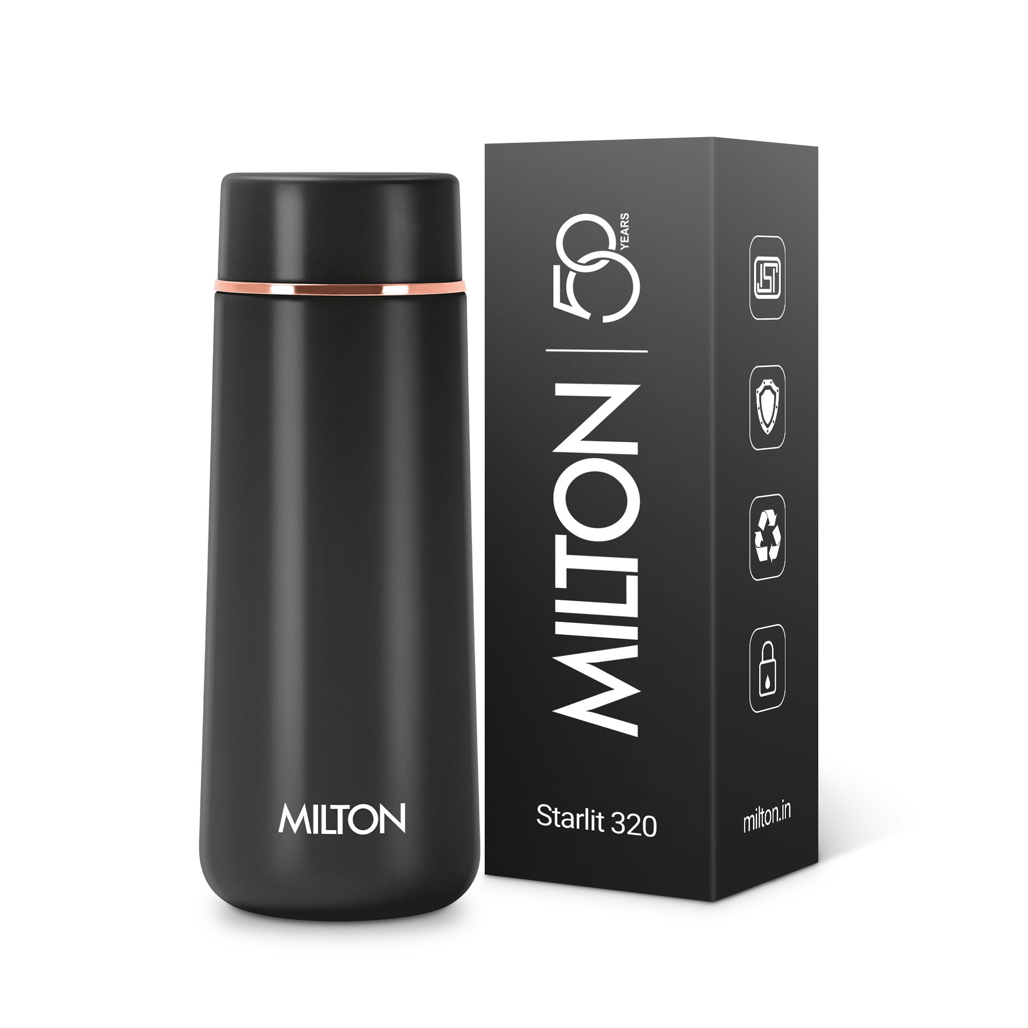 Milton Starlit 320 Thermosteel Compact ISI Certified Water Bottle, Vacuum Insulated Hot and Cold I SS304 Stainless Steel, Leak Proof I 310 ml, Black