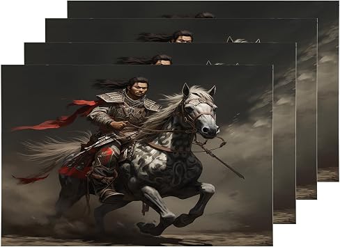 Shrahala Warrior On Horse Set of 4 12 X 18 Inch Linen Placemats, Galloping in Battle Burlap Table Mat Washable Double Layered Heat Insulation for Indoor/Outdoor