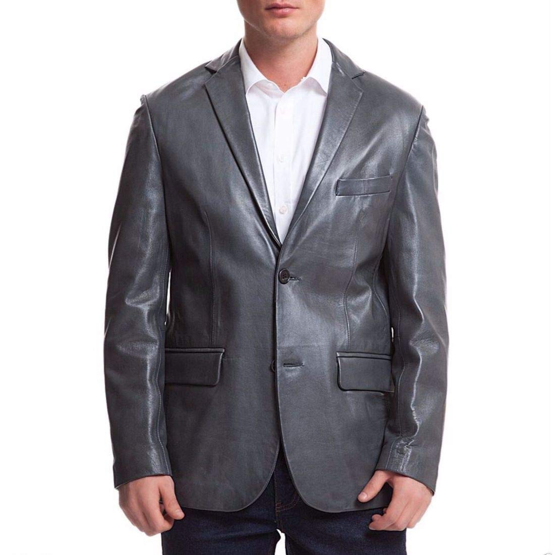 Men's Leather Slim Classic Leather Blazer Lambskin Sport Jacket Blazer Stylish Evening Coats(Grey)-image-23