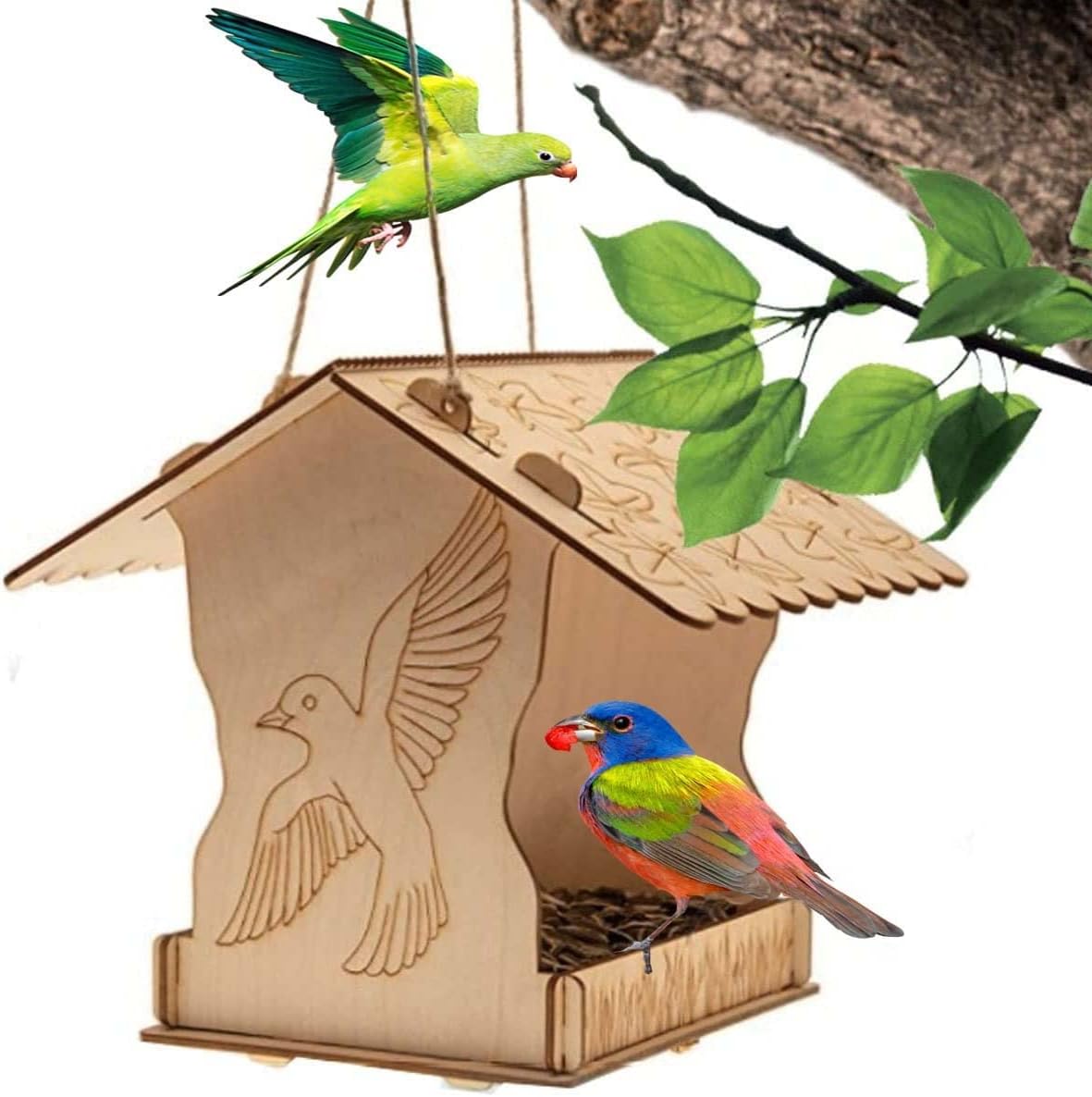 ADEPTNA Eco-Friendly Hanging Wild Bird Tree Feeder Wooden Bird Feeder – Suitable Décor for DIY Yard Indoor Outside Garden