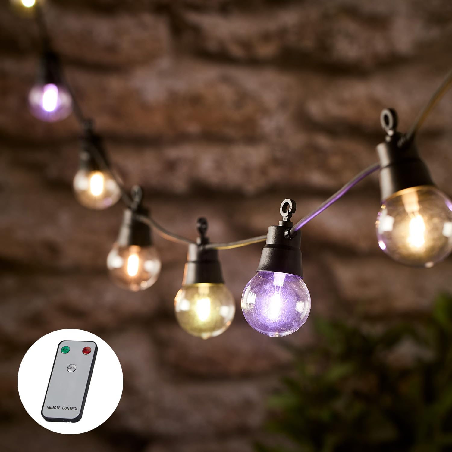 Lights4fun 20 Colour Changing Remote Control LED Festoon String Lights Black Cable Plug in Indoor Outdoor Use 8m Fully Waterproof IP44