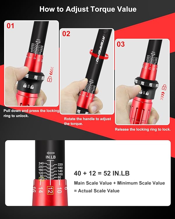 ATsafepro Bike Torque Wrench Set, 1/4 Torque Wrench 20-240 inch-pounds with ±3% Accuracy, 72T Dual Ratchet, Tire Pressure Gauge, Valve Core Tool, Bit Socket Set, for Bicycle & Car Maintenance by ATsafepro - Used condition - Image 3