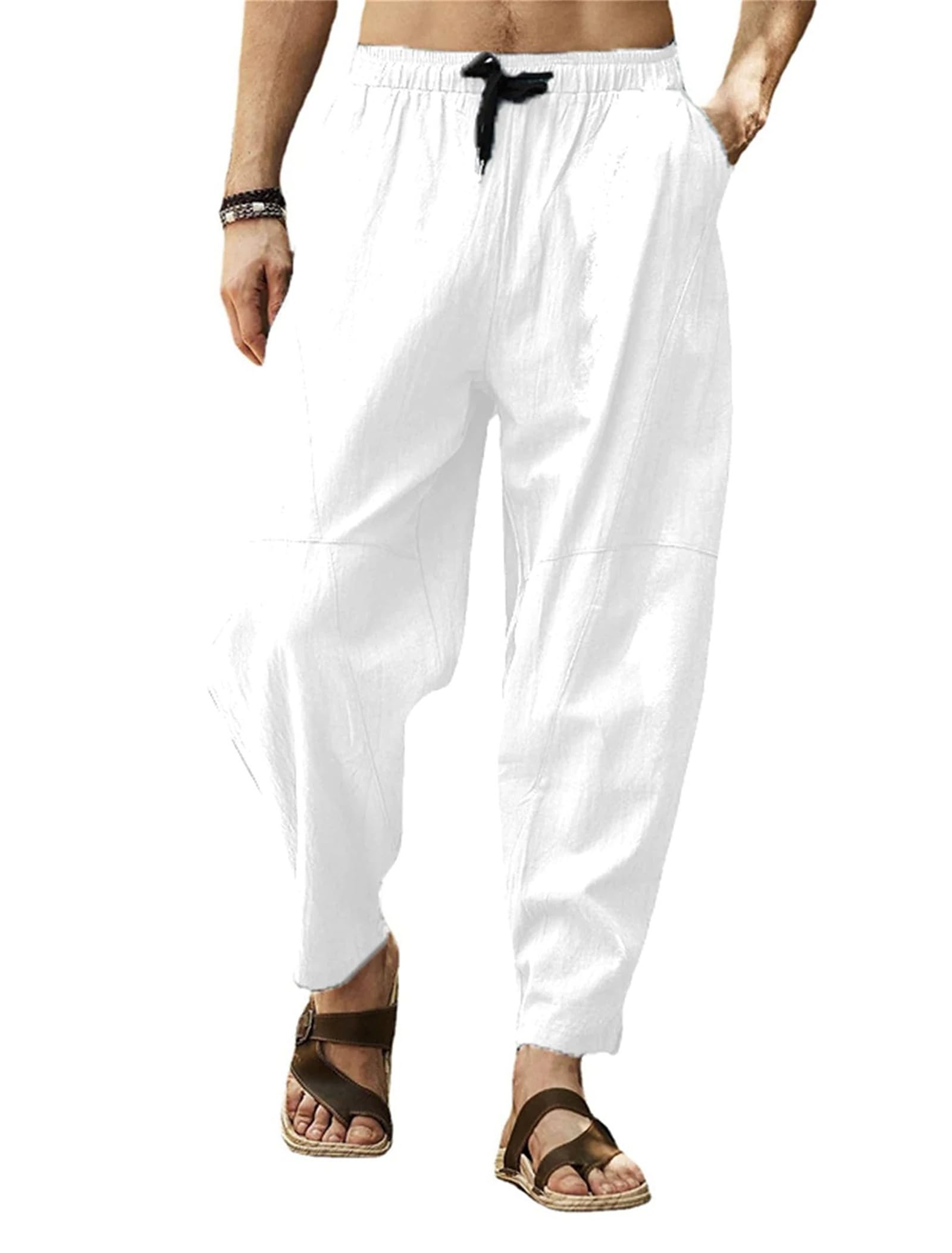 Pantalon Homme Sarouel Lin et Coton Été Pantalon Yoga Léger Taille Elastique