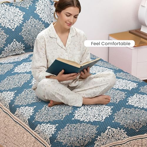 Image of Fresh From Loom Reversible 500Tc Bedsheet for Double Bed Queen Size Cotton | Traditional Print (90x60 Inches | 1 Pillow Cover | Aqua)