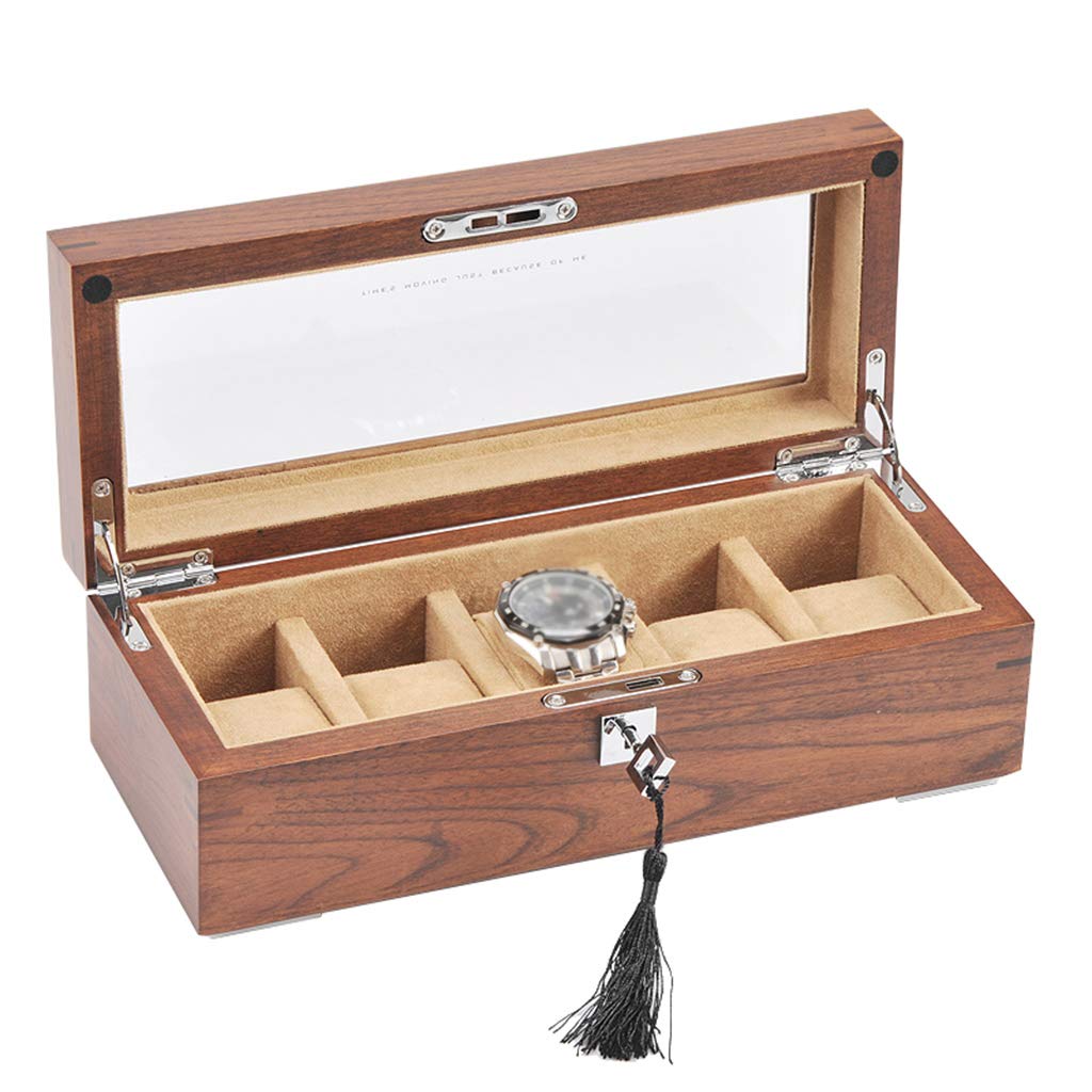 ANVLOJRIH Watch Box 5 Watches Slots Jewelry Organizer Wood Display Case Storage Organizers with Glass Lid and for Men Women
