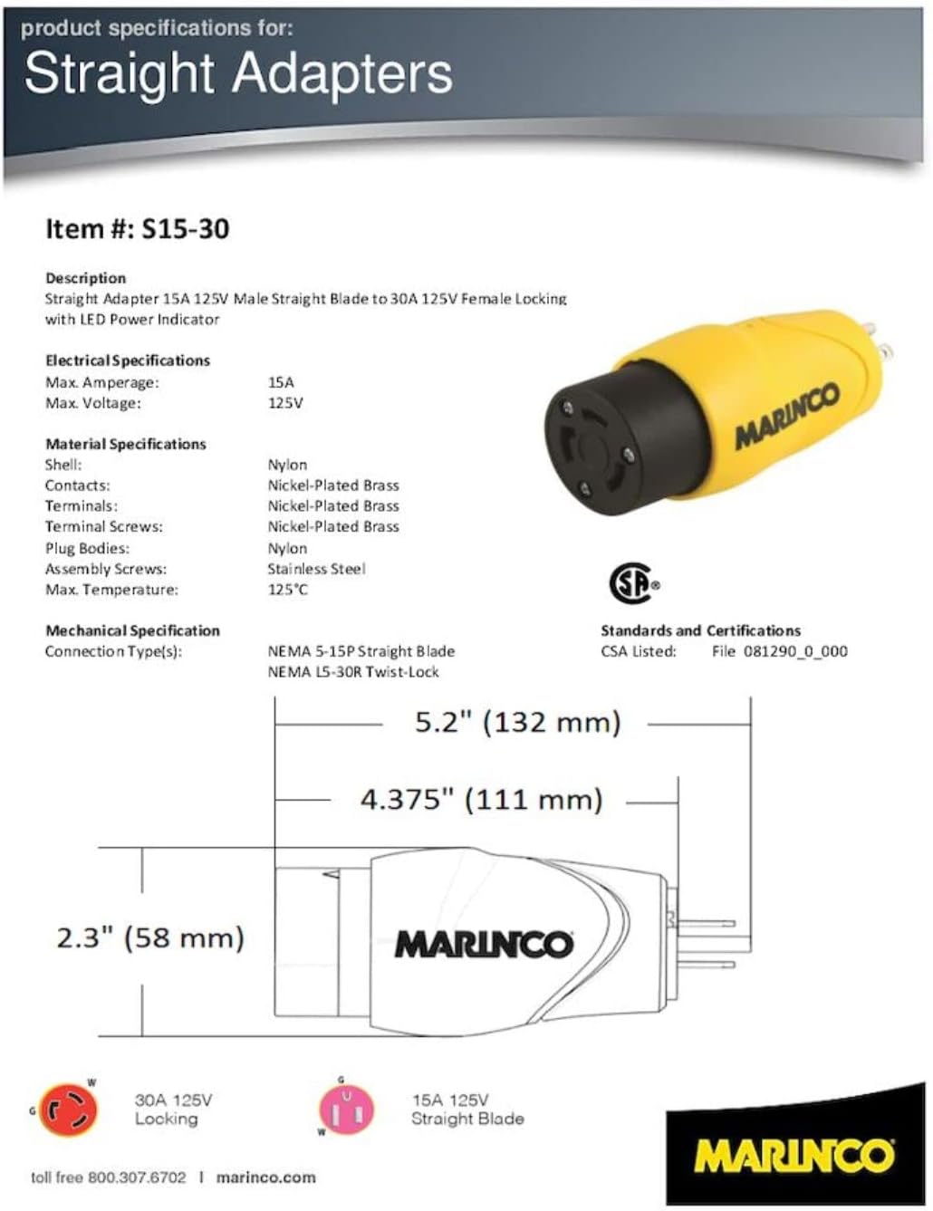 Marinco S15-30 Straight Adapter, 15A 125V Male To 30A 125V Female,Yellow : Boating Shore Power Adapters : Sports & Outdoors