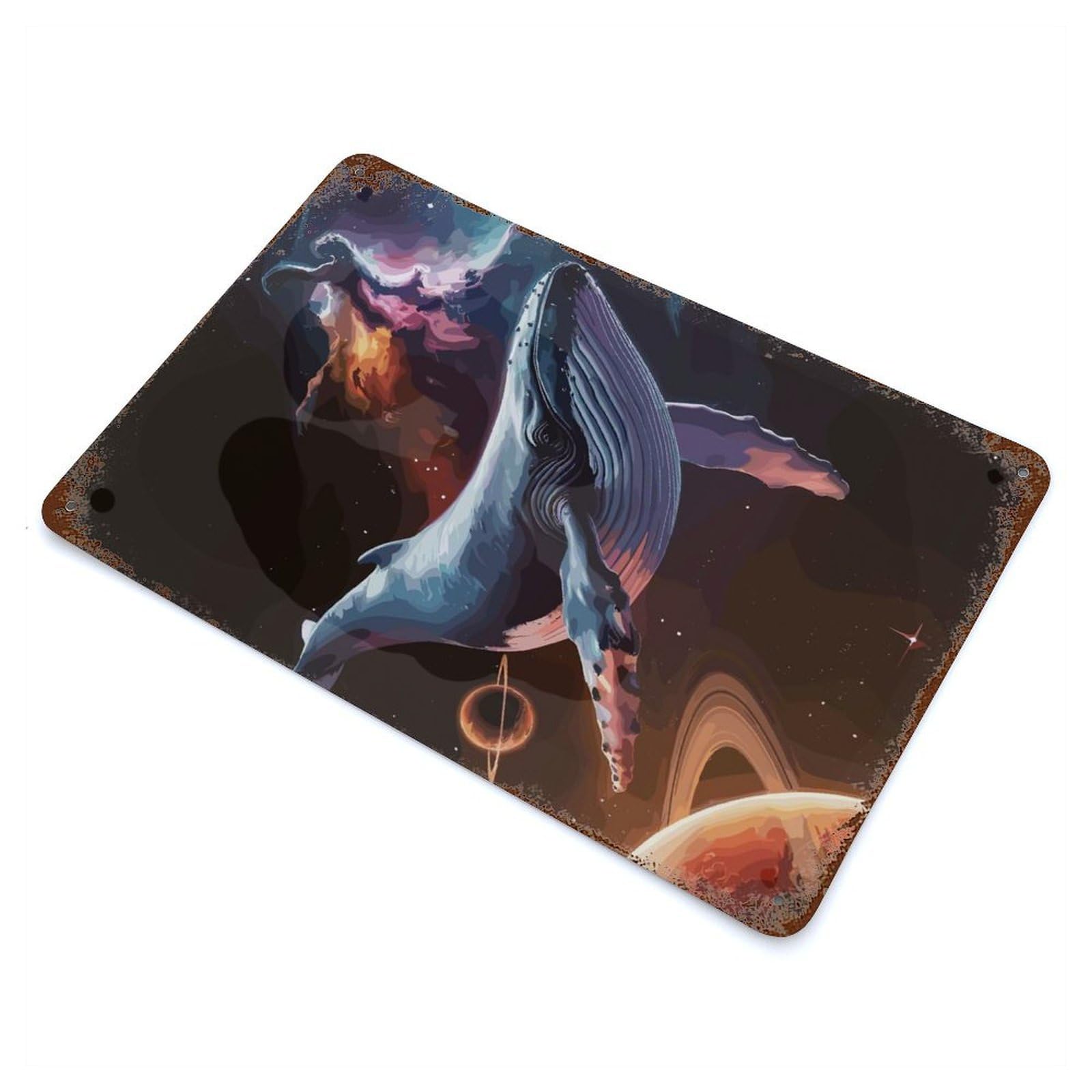 Rust Effect Whale in Space Rusty Metal Tin Sign 11.8"x7.9", Old School Wall Decor for Cafe, Home Bar And Lounge Decor