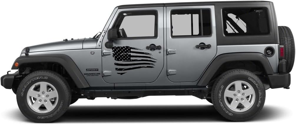 Set of 2 Decals (1 Regular and 1 Reversed) for Jeep Wrangler Door Decal Tattered Distressed USA American Flag USA Made + Free Decal