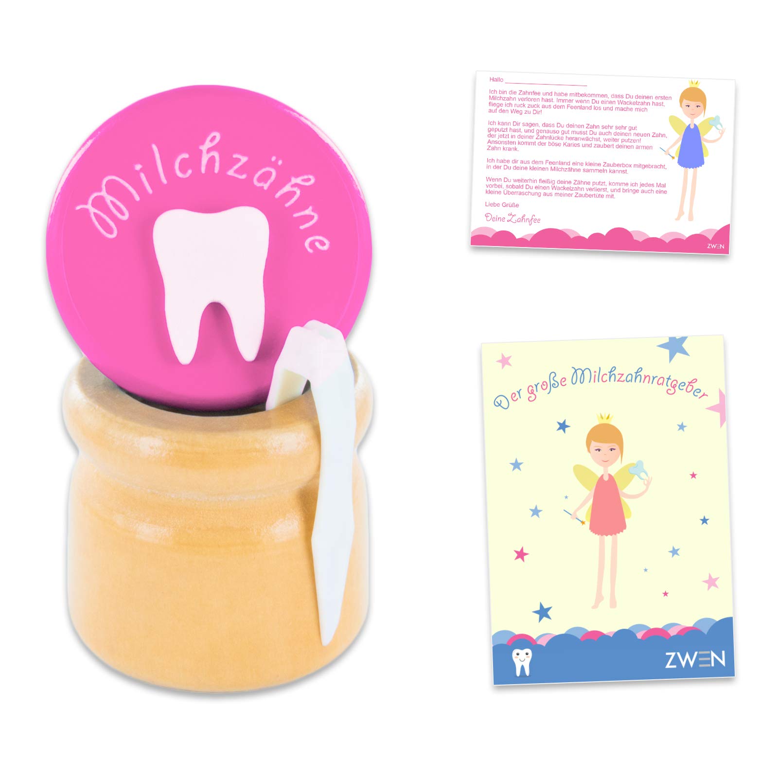 ZWEN MILCHZAHNDOSE Holz Schraubverschluss, Pinzette & Zahnfee-Brief + E-BOOK I Milchzahnbox für Mädchen & Jungen (Pink)