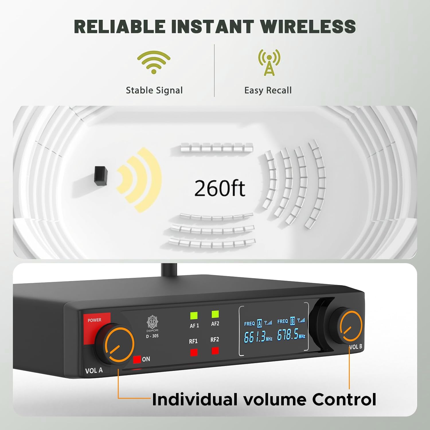 DIGIMORE UHF Dual Wireless Microphone System | 197ft Range | Cardioid Mic |Balanced XLR Outs | 8Hrs Battery Life | Type-C Charging | Perfect for Churches, Singing, Karaoke & Live Shows (D-305 HH) - Image 6 thumbnail