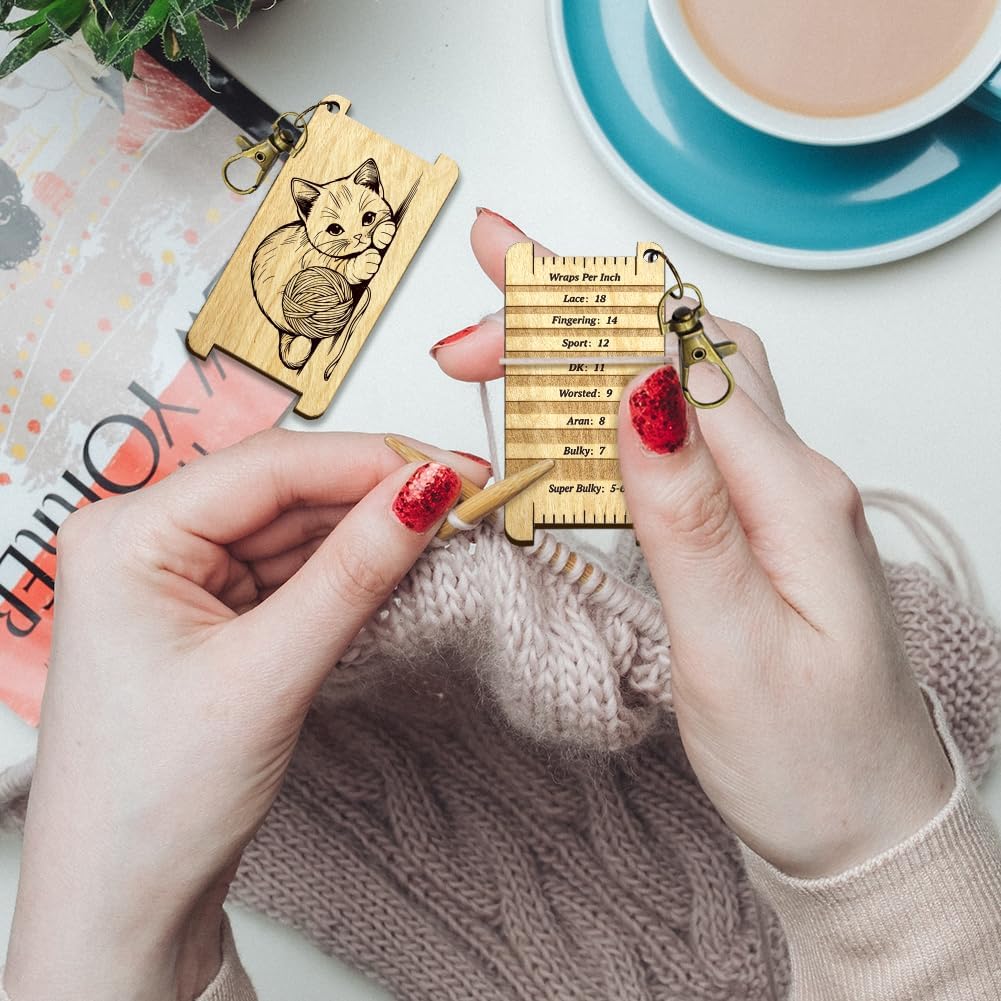 arricraft 1 Pc Knitting Needle Gauge Multifunctional Wood Spinning Control Card, Cute Cat with Wool Patterns WPI Guide Gauge Rulers for Spinners Yarn Measuring Tools Crochet Accessories image 3