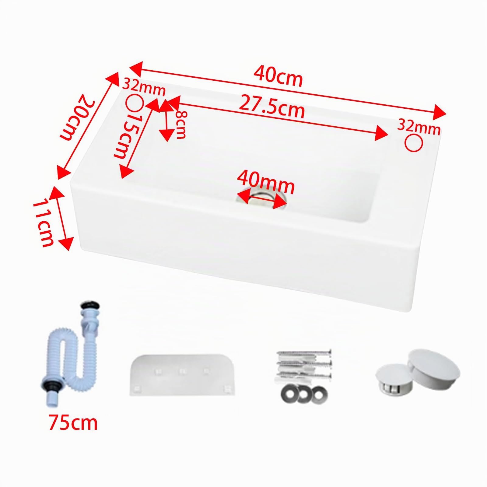 Lavabo Suspendido,40x20x11cm(WxDxH),Blanco rectángulos plástico Lavabo,que es ligero,Lavabo artístico para cualquier lavadero, hogar o sala de calderas (B)