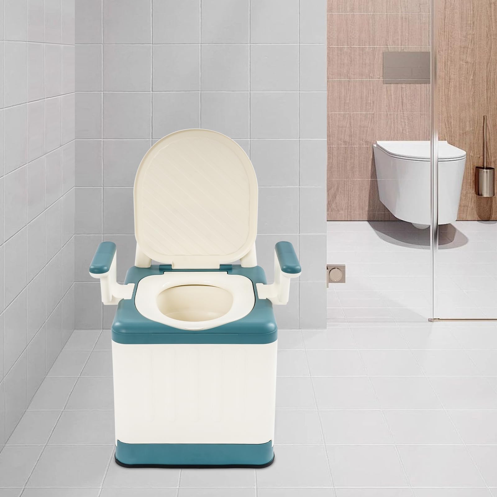 Tragbare Toilette mit Deckel, Mobile Campingtoilette, Max.150kg (Seeblau) | Bedside Kommode Toilette, 39cm Sitzhöhe, Armlehnen Abnehmbar, Toilettenstuhl Klappbar für Bade-, Schlafzimmer, Camping