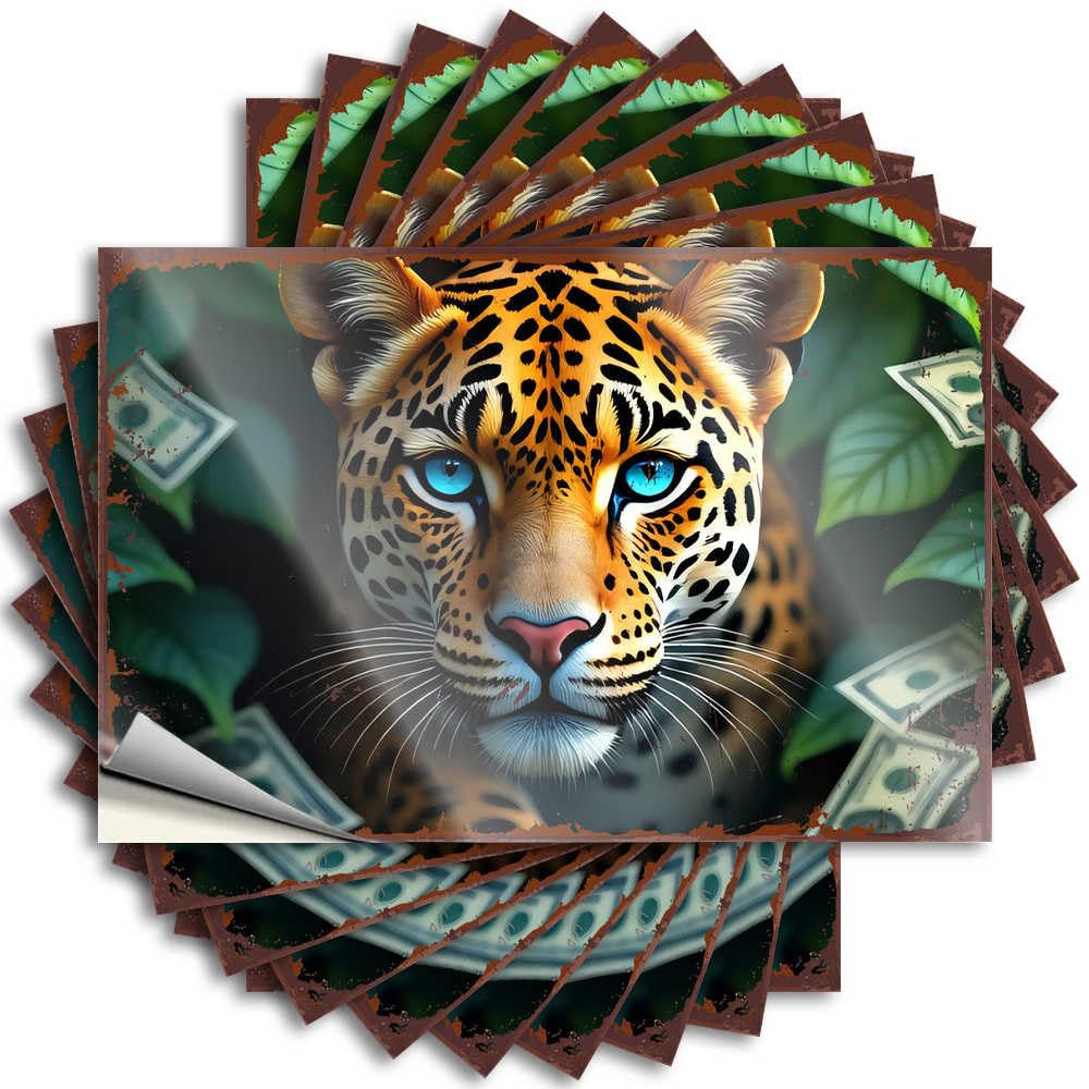 Tattoo Home Decor Gifts Durable Vinyl - Jaguar in The Jungle: A Vibrant Portrait with Dollar Bills Bottle for Long Use(6X9CM)