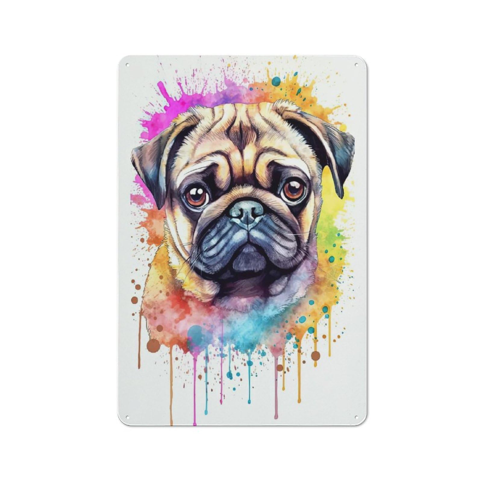 Junmoney Style-14 Metal Wall Sign 30X20cm Featuring Watercolor Pug Puppy For Café Or Restaurant, A Decorative Metal Sign For Cafés And Restaurants