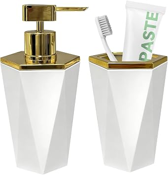 2 PCS Plastic Bathroom Accessories Set, White Bathroom Accessories Include Soap Dispenser and Toothbrush Holder, Modern Bathroom Decor, Bathroom Sets Accessories