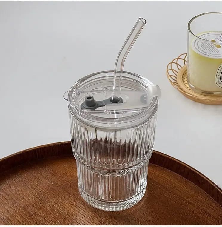 KEXES Ice Coffee Glass Tumbler, Thick Wall Water Glass Cup Mug Tea with Glass Straw and Lid 390ML Glass Sipper Ideal for Chocolate & Beverage, Mocha, Cappuccino, Shake, Juice 2