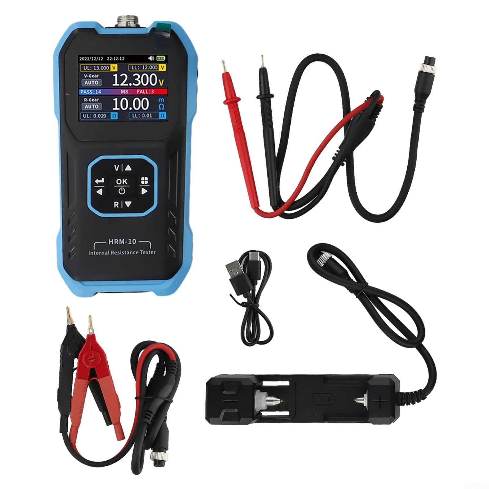 Misuratore di resistenza interno HRM-10 per test di tensione e resistenza della batteria, 0 ~ ± 100 V DC / 0200Ω, precisione ± 0,5% con Kelvin a 4 fili, conservazione dei dati e ricarica USB-C