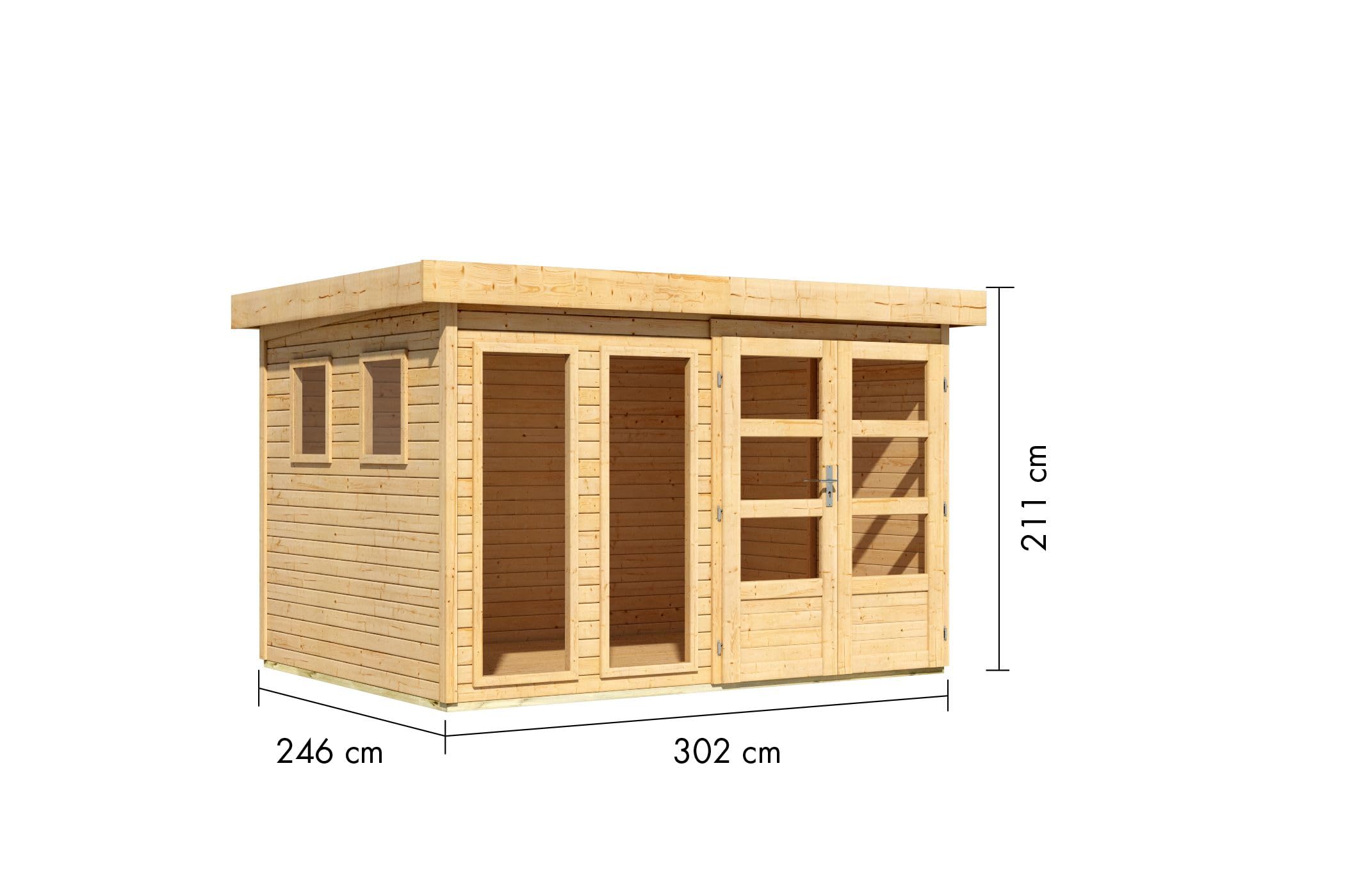 Karibu Gartenhaus Pentus aus nordischer Fichte Verschiedene Größen optinal mit Anbaudach, lichtdurchflutetes Design mit Flachdach (naturbelassen, L)