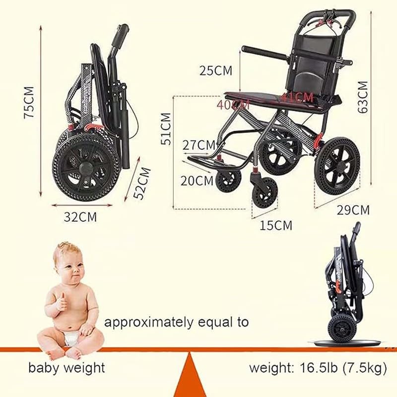 Foldable Wheelchair for Adults, Lightweight Travel Wheelchair, Aluminum Alloy Frame, Carbon Fiber Print, 12 Inch Honeycomb Wheels