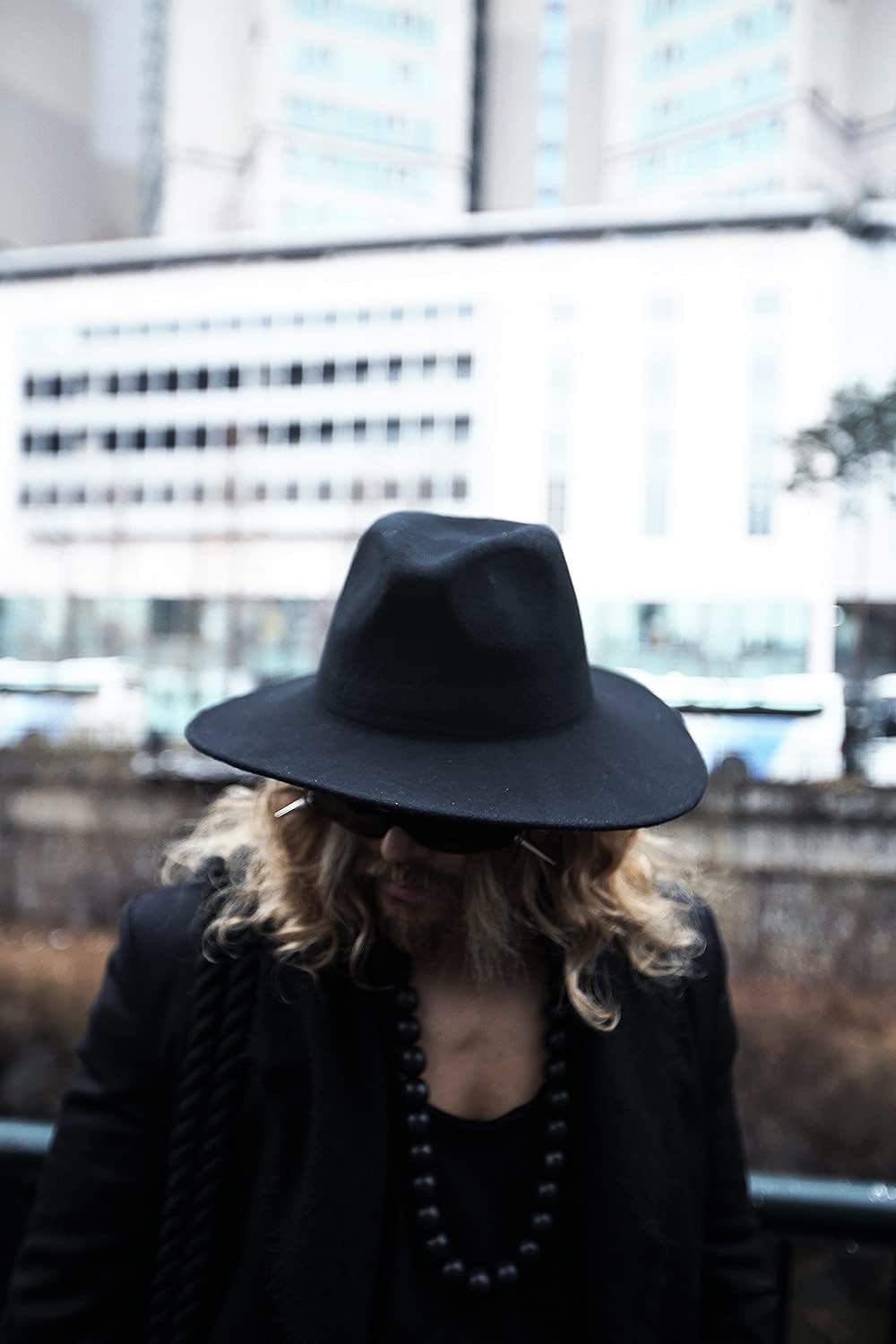 ByTheR Men's Fashion Noir Wool Felt hat Chic Black Urban Fedora Circumference 22.4 in