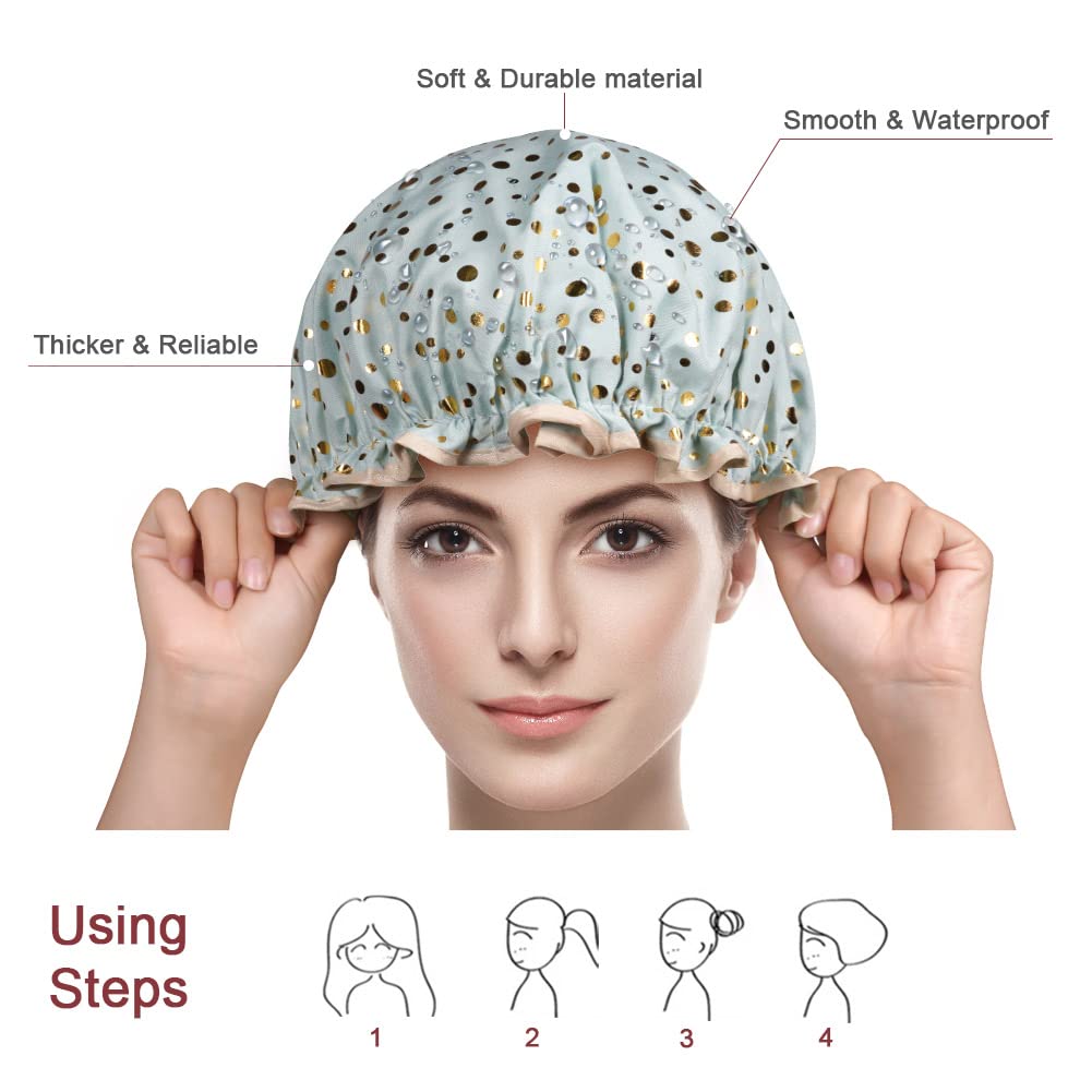 AOOWU Bonnet De Douche, 2 Pieces Bonnet de Douche Etanche, Bonnets de Bain Réutilisables avec Des Bandes Élastiques Pour Femmes Filles Douche SPA Salon(A)